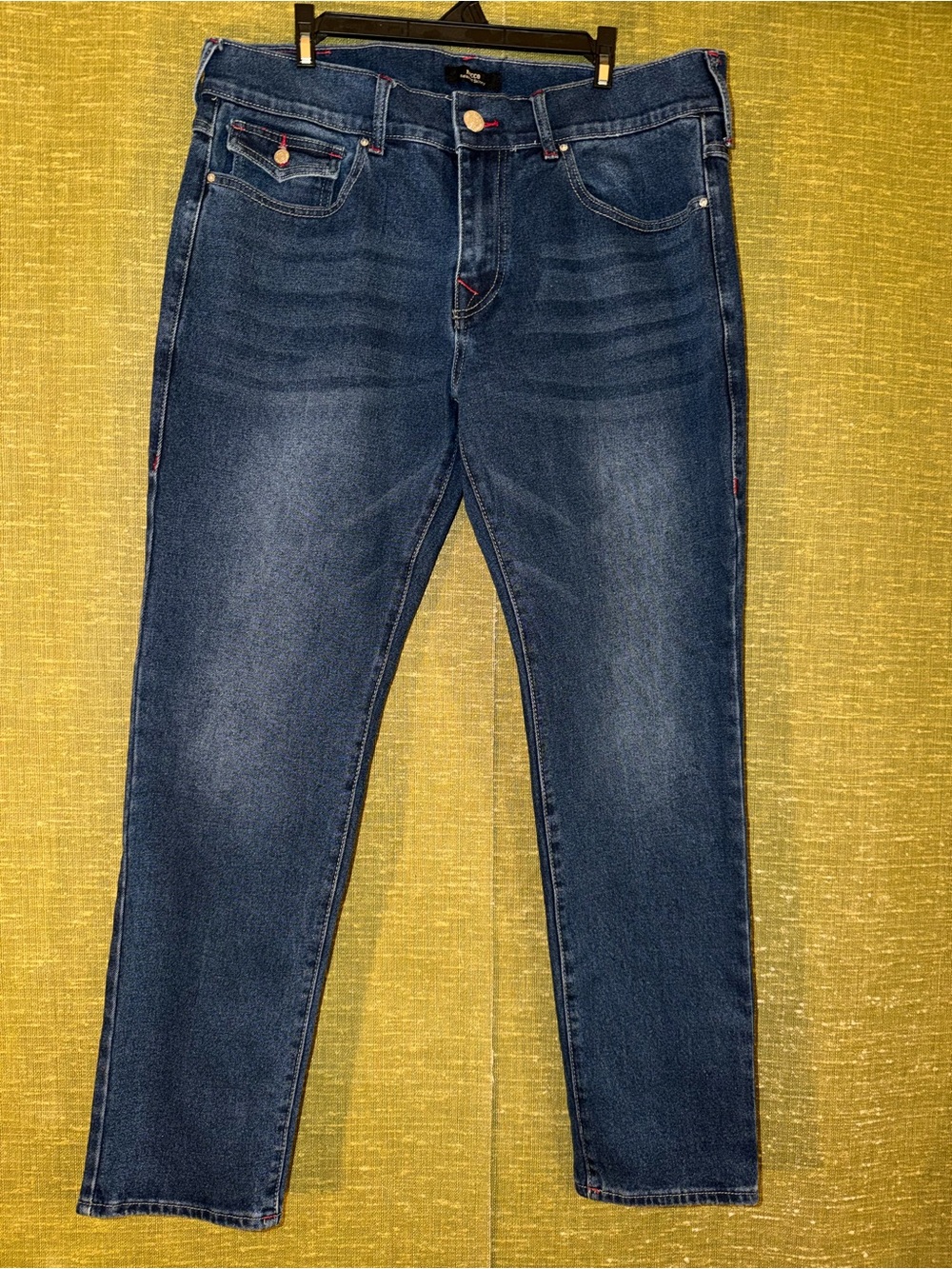 True Religion Men Slim Straight Dark Indigo Jeans with Faded Whiskering 36X32